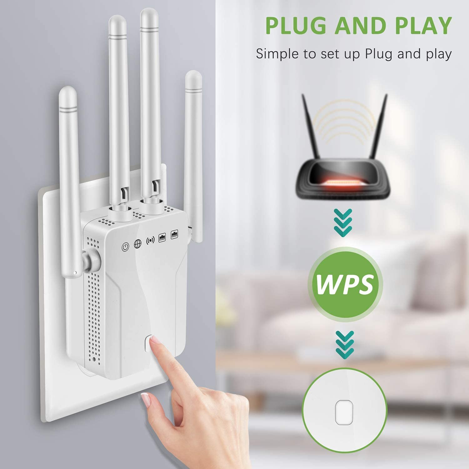1200Mbps Signal Booster Repeater Wireless Amplifier with Intelligent Signal Indicator One Button Setup with Ethernet Port